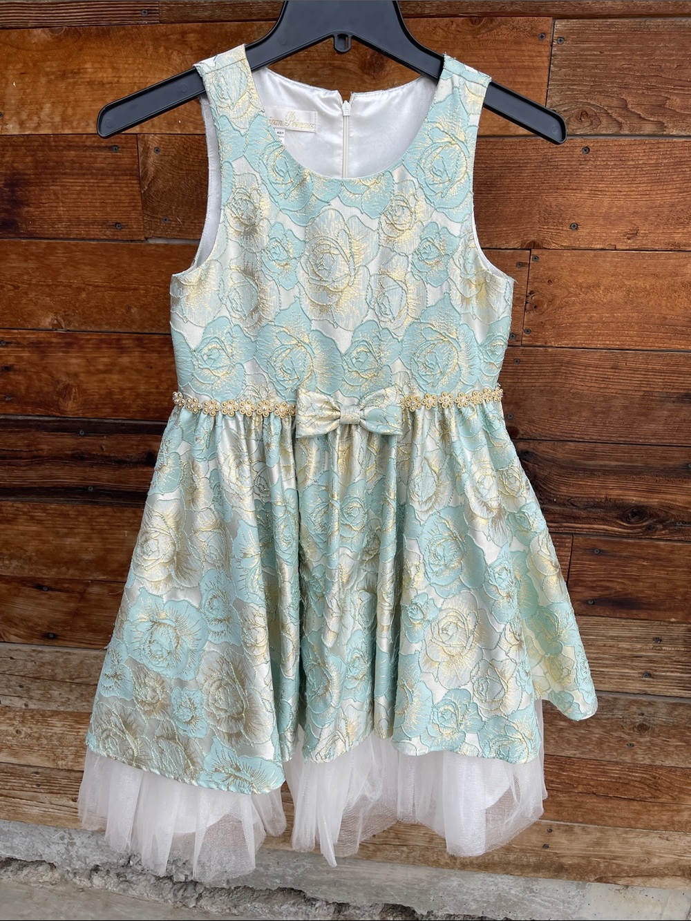 American Princess Girls Size 12 Mint Green Gold Floral Jacquard Party Dress Tull
